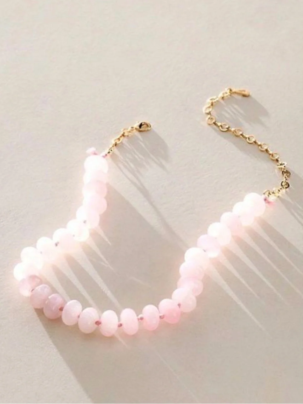 Free People Sabina Rose Quartz Pink Beaded Necklace with Gold Chain.